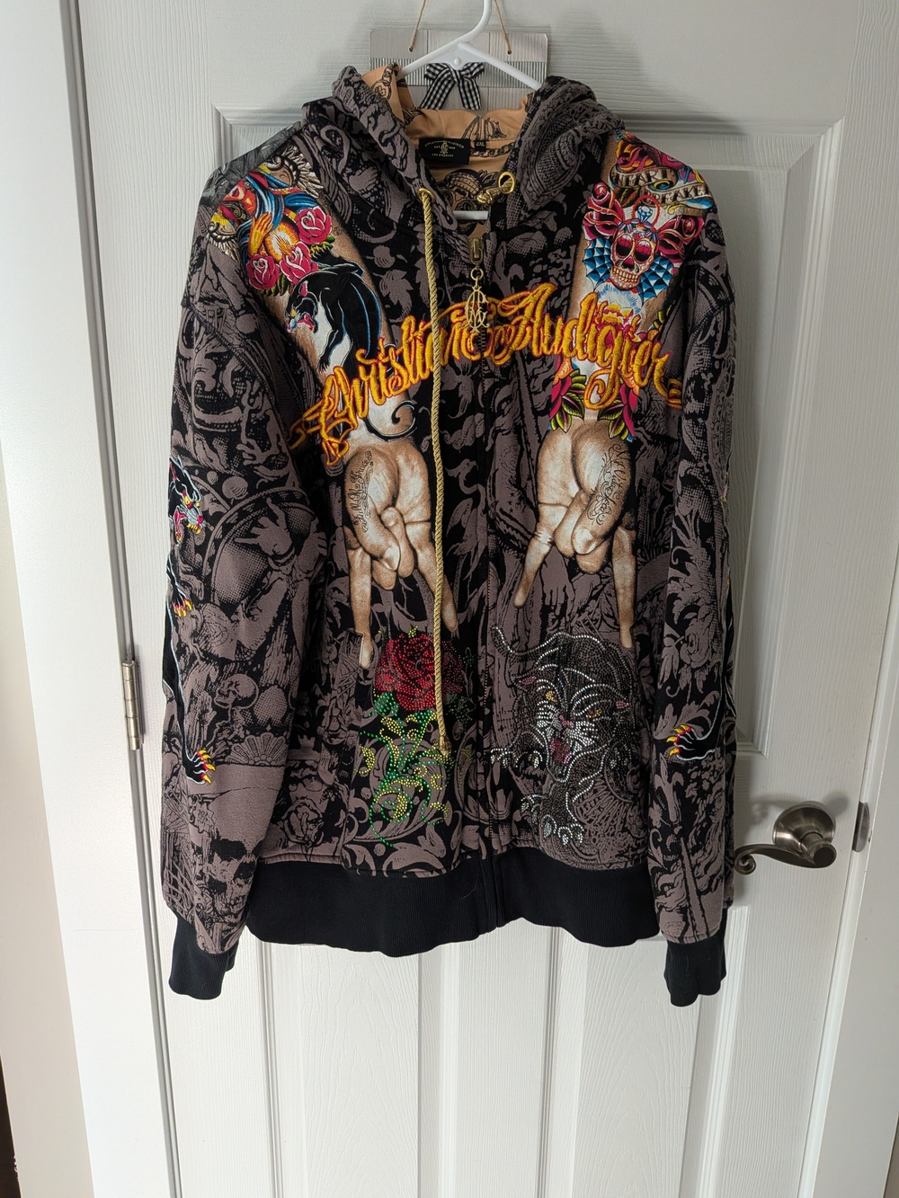 Christian Audigier Black & Gray Embroidered Zip Hoodie RARE